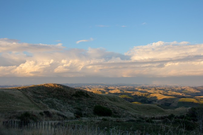 Look North, early evening, lumpy land, cool clouds.
