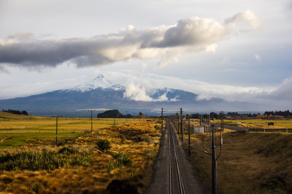 The New Zealand Main Trunk rail line, heading north towards Mt Ruapehu