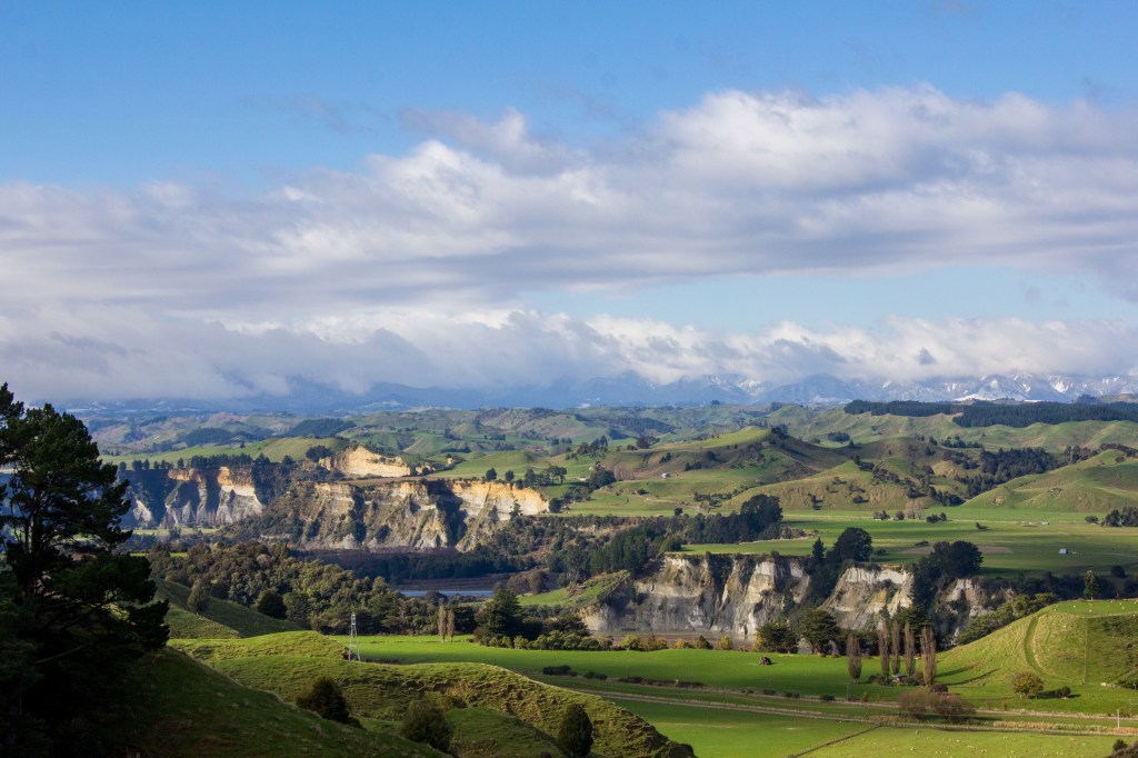 That's the mighty Rangitikei River Valley with a bit of snow on the Ruahine Ranges in the distance. Epic views across the lower North Island. 