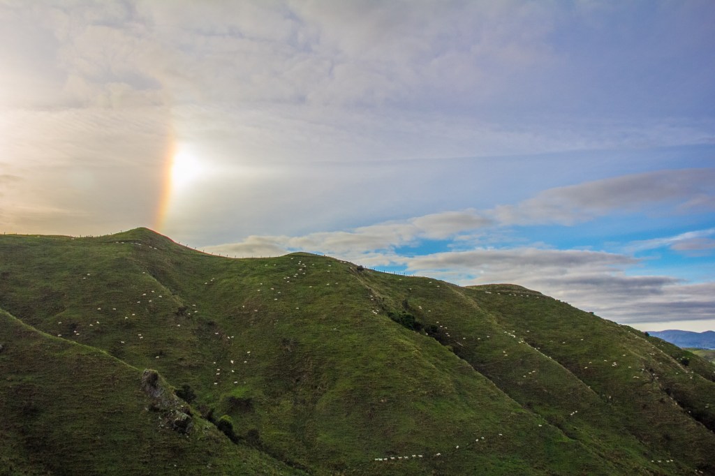 I have no idea what you might call that atmospheric effect. Like a reverse rainbow sort of thing. Seen above the Wairarapa Hill country