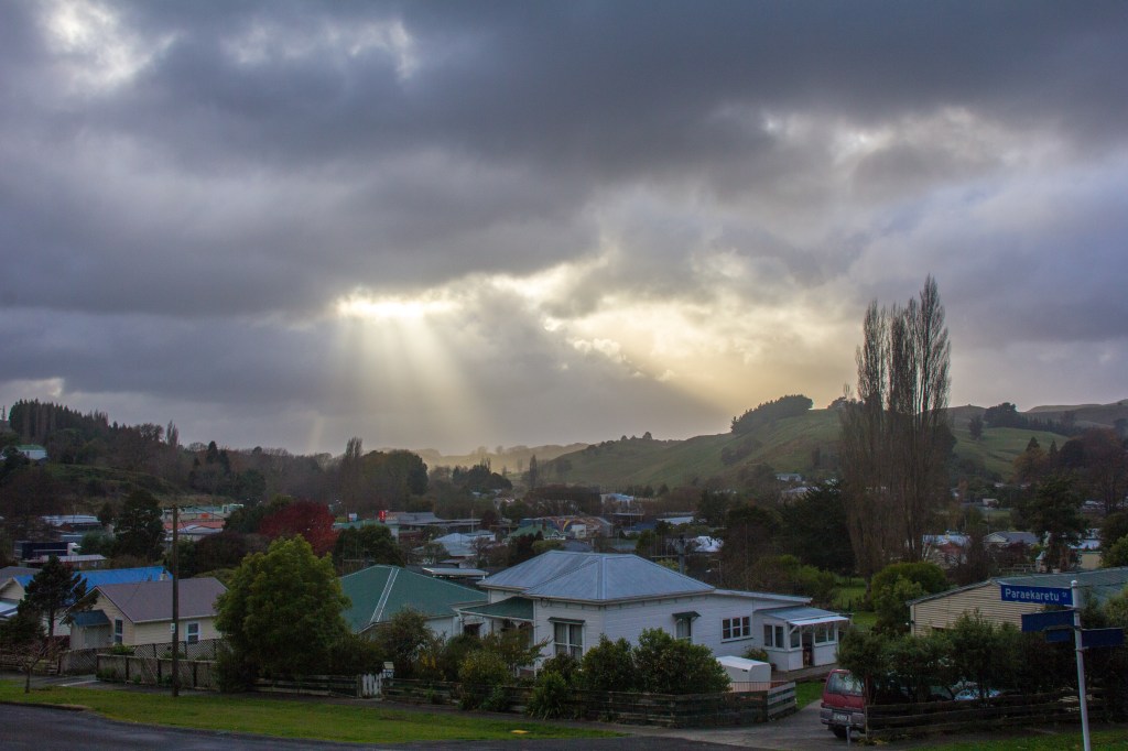 I call these 'God rays', they are actually called 'Crepuscular Rays'. Which sounds meteorological rather than awesome. These are over the small Rangitikei town of Hunterville, which few would describe as awesome.