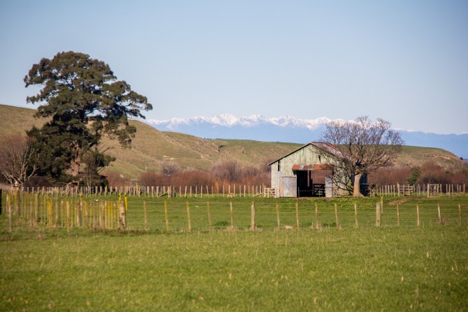 A green barn with no doors at a place called Silverhope. 