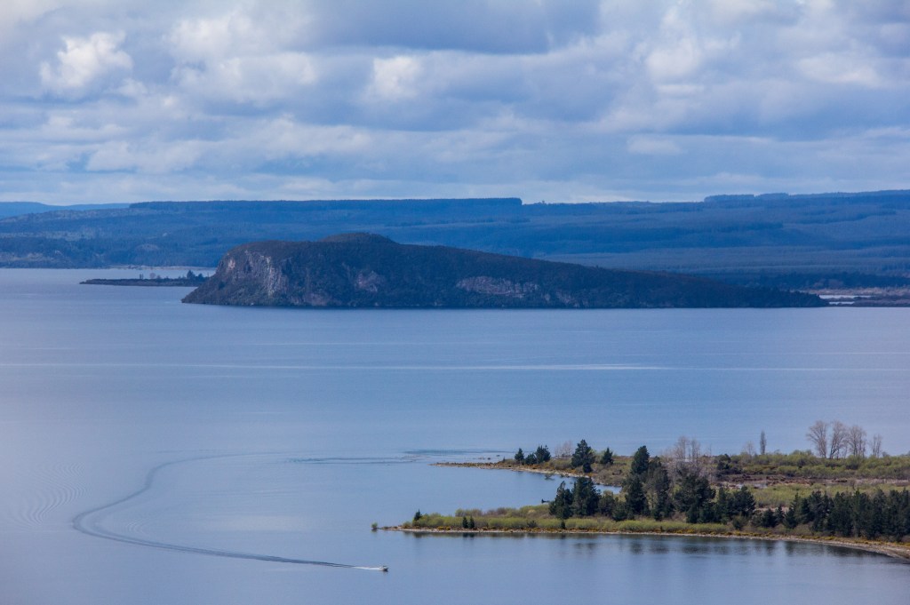 Boating on the crater of a super volcano sounds more dangerous than it looks, Southern end of Lake Taupo seen from SH32