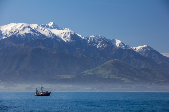 Fishing boat in front of the Kaikoura Ranges. New Zealandness at it's most scenic, with a fishing boat.